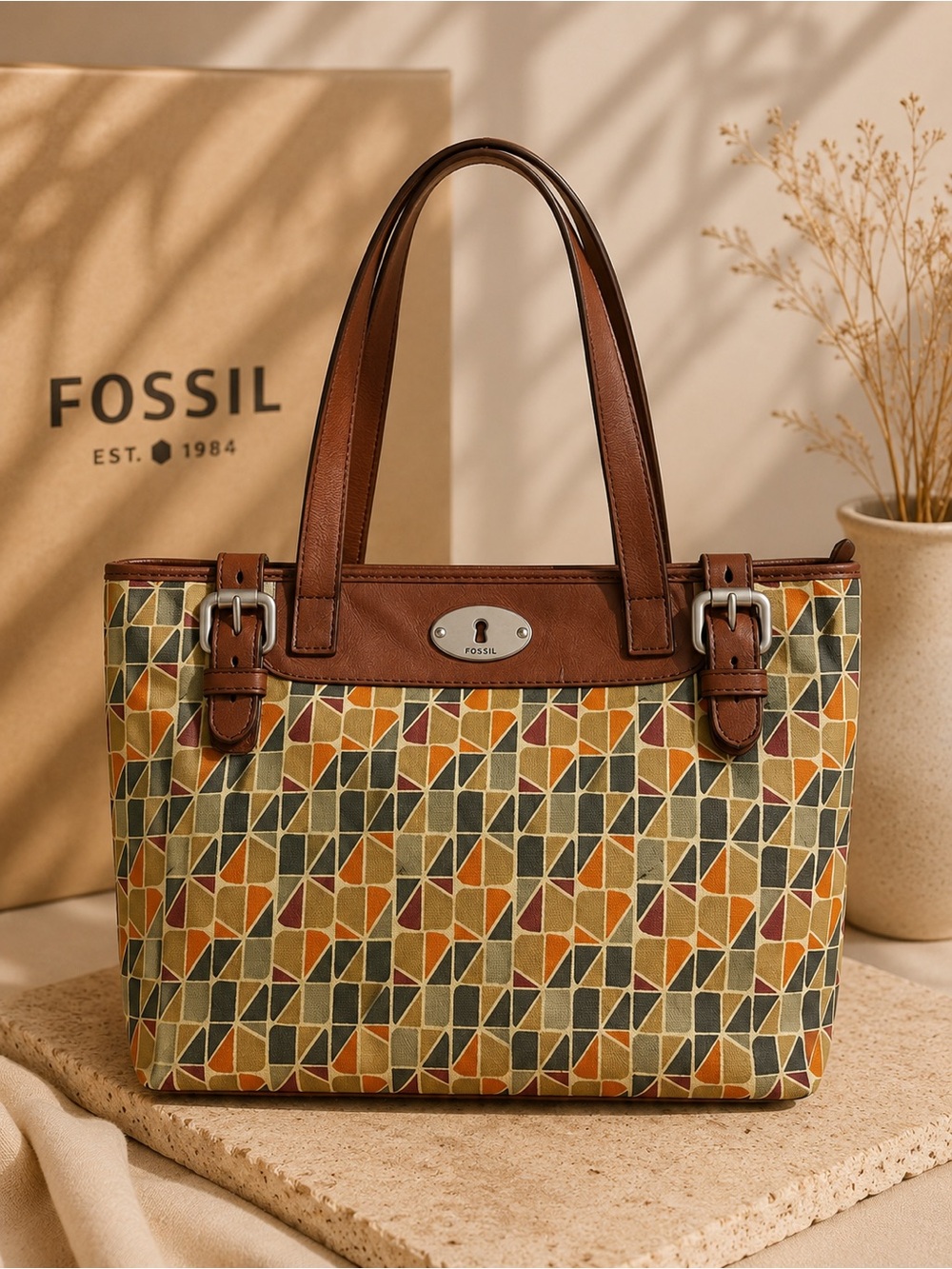 Fossil Multi-Color Geometric Canvas Tote with Brown Trim